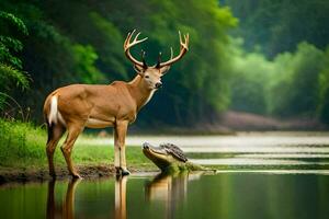 a deer stands next to a river with a crocodile. AI-Generated photo