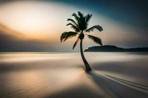 a lone palm tree stands on the beach at sunset. AI-Generated photo