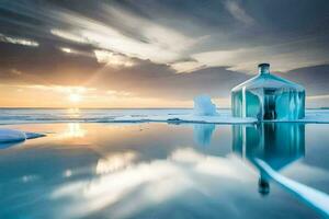 a house on ice in the middle of the ocean. AI-Generated photo