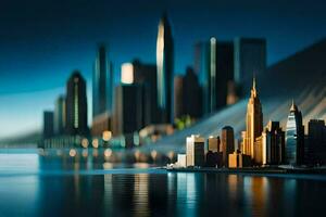 un ciudad horizonte es reflejado en el agua. generado por ai foto