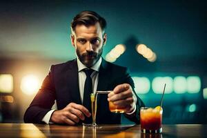a man in a suit holding a glass of alcohol. AI-Generated photo