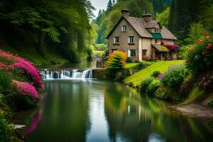 a house sits on the side of a river with flowers. AI-Generated photo