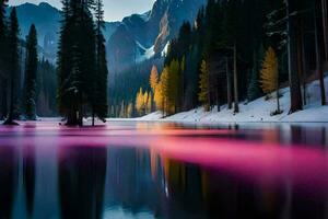 a lake in the mountains with pink lights. AI-Generated photo