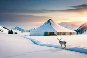 un ciervo soportes en el nieve en frente de un edificio. generado por ai foto
