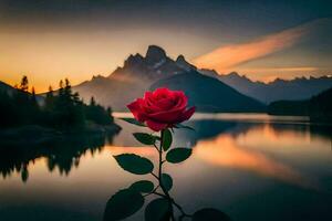 a red rose is in front of a lake and mountains. AI-Generated photo