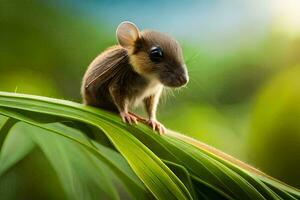 un pequeño ratón es sentado en parte superior de un verde hoja. generado por ai foto