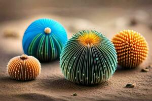 three colorful cactus plants on a sandy surface. AI-Generated photo