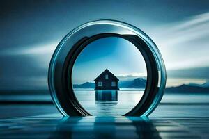 a house is reflected in a circular window. AI-Generated photo