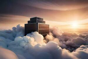 a building is surrounded by clouds and the sun is shining. AI-Generated photo