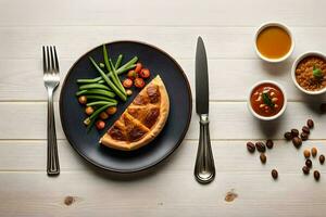a plate with a slice of pizza, green beans and a bowl of sauce. AI-Generated photo