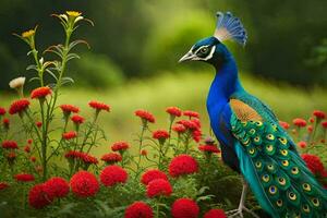 the peacock is a beautiful bird that is often seen in gardens and fields. AI-Generated photo