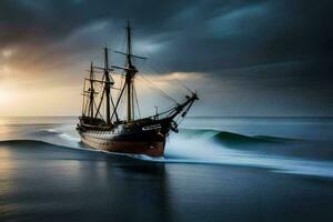 a sailing ship in the ocean at sunset. AI-Generated photo