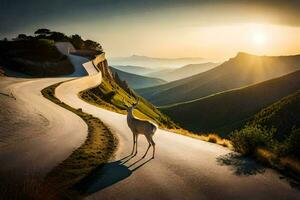 a deer stands on the side of a mountain road. AI-Generated photo