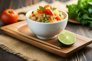 chopsticks and rice in a bowl on a wooden table. AI-Generated photo
