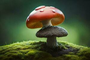 a red mushroom is sitting on top of a mossy green surface. AI-Generated photo