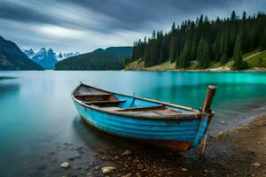 un azul barco se sienta en el apuntalar de un lago. generado por ai foto