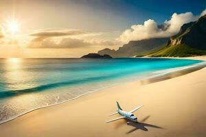 un avión en el playa con el Dom ajuste detrás él. generado por ai foto