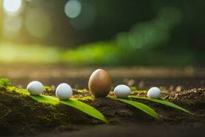 huevos en el suelo con hojas y césped. generado por ai foto