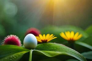 a white egg sits on a green leaf. AI-Generated photo