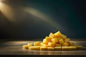 a pile of cheese cubes on a table. AI-Generated photo