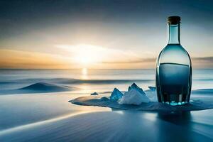 a bottle of water sits on the beach with the sun setting behind it. AI-Generated photo