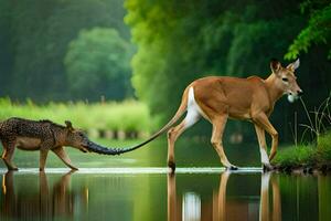 a deer and a crocodile walking across a river. AI-Generated photo