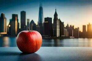 an apple sits on a table in front of a city skyline. AI-Generated photo