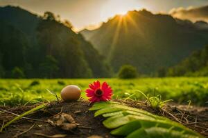 photo wallpaper the sun, flowers, the field, the mountains, the flowers, the sun,. AI-Generated