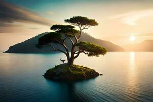 a lone tree sits on an island in the middle of the ocean. AI-Generated photo
