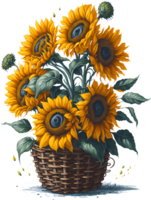 ein Gemälde von ein Strauß von Sonnenblumen im ein Korb. KI-generiert. png