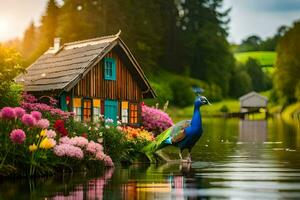 a peacock stands in front of a house with flowers. AI-Generated photo