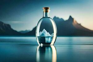 a bottle of water with an iceberg floating in it. AI-Generated photo