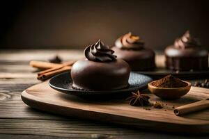 chocolate desserts on a wooden table. AI-Generated photo