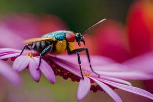 a colorful insect sits on a flower. AI-Generated photo