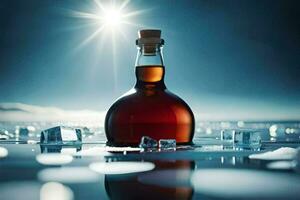 a bottle of whisky sits on ice in the sun. AI-Generated photo