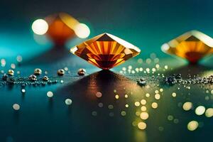 three diamonds on a table with sparkling lights. AI-Generated photo