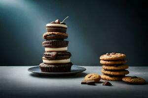 un apilar de chocolate magdalenas y galletas en un lámina. generado por ai foto