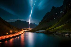 lightning bolt over a river and mountains. AI-Generated photo