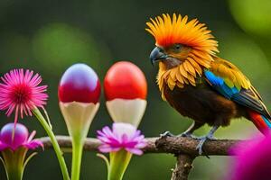 a colorful bird sits on a branch with colorful flowers. AI-Generated photo