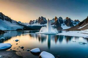 un fuente en el medio de un lago con nieve en el suelo. generado por ai foto