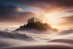 un edificio en parte superior de un montaña con nubes en el cielo. generado por ai foto