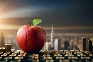 un manzana es sentado en parte superior de un teclado con monedas generado por ai foto