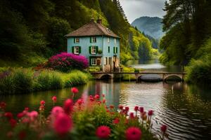 a house sits on the side of a river with flowers. AI-Generated photo