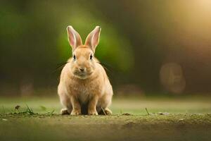 a rabbit sitting on the grass in front of a blurry background. AI-Generated photo