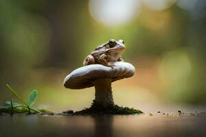 a frog sits on top of a mushroom in the forest. AI-Generated photo