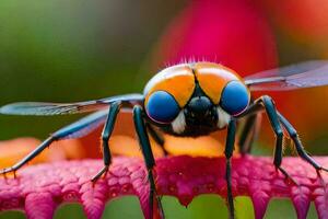 un cerca arriba de un mosca con azul ojos. generado por ai foto