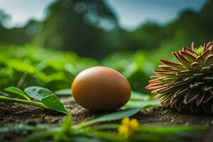 an egg sitting on the ground next to a flower. AI-Generated photo