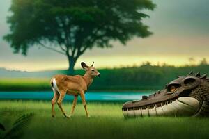 a deer and a crocodile in the grass. AI-Generated photo