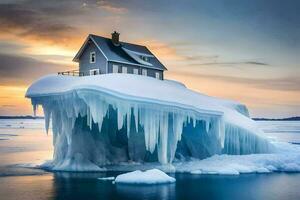 un casa se sienta en parte superior de un iceberg en el medio de el océano. generado por ai foto