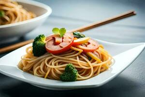 a plate of noodles with vegetables and chopsticks. AI-Generated photo